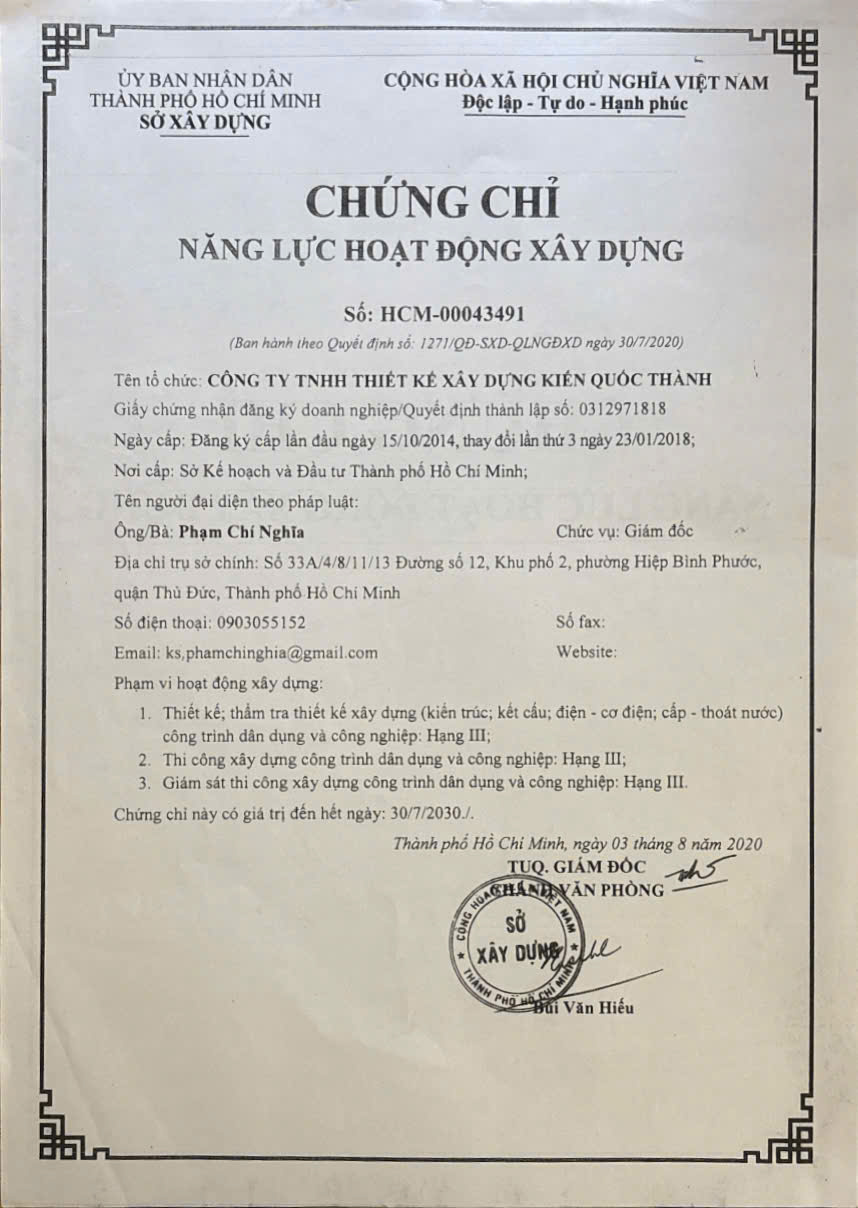 Chứng Chỉ Xây Dựng Kiến Quốc Thành Construction